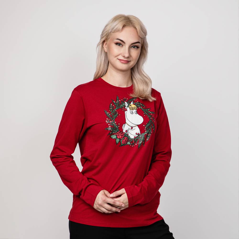 Snorkmaiden Winter Wreath Adults Shirt Red - The Official Moomin Shop